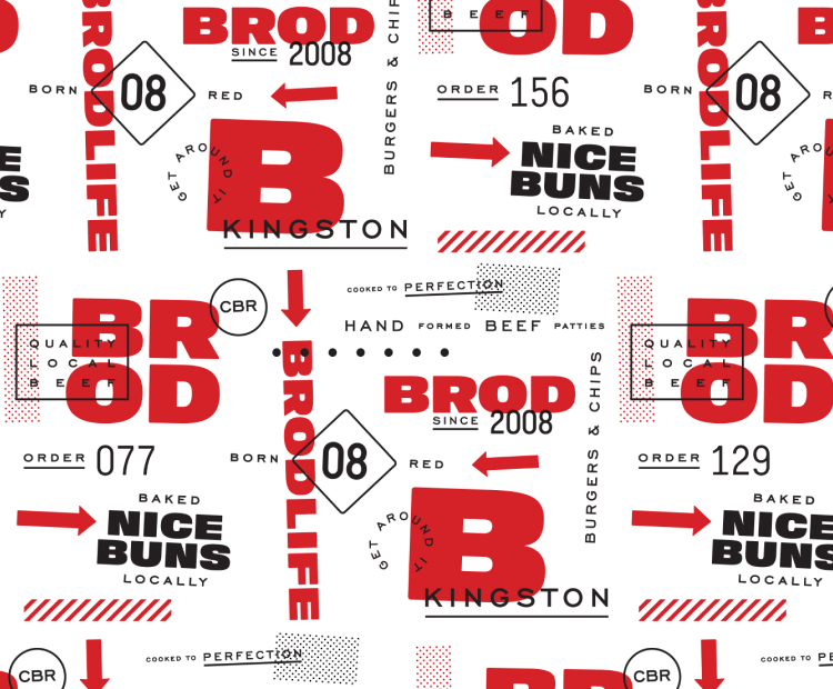 Busy image of Brodburger greaseproof paper that's covered in Brodburger branding.