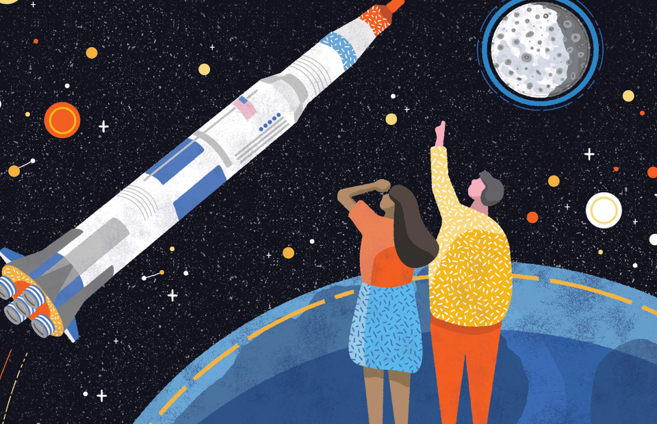 Stylised illustration of two people standing on earth looking and pointing to a rocket on its way to the moon which is in the far distance.