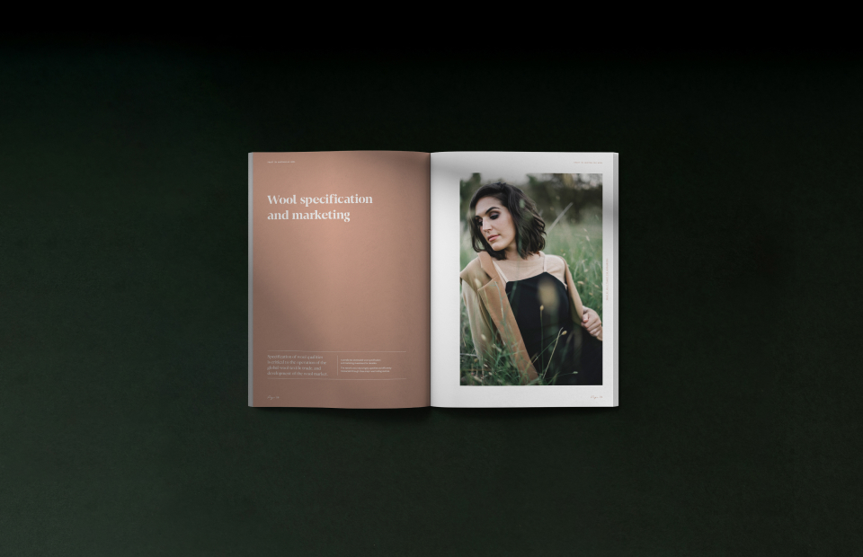 Brochure open to show text layout and image of woman sitting in grass.