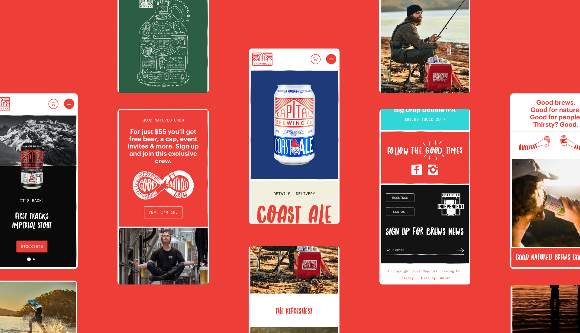Multiple mobile screens showing Capital Brewing website design.