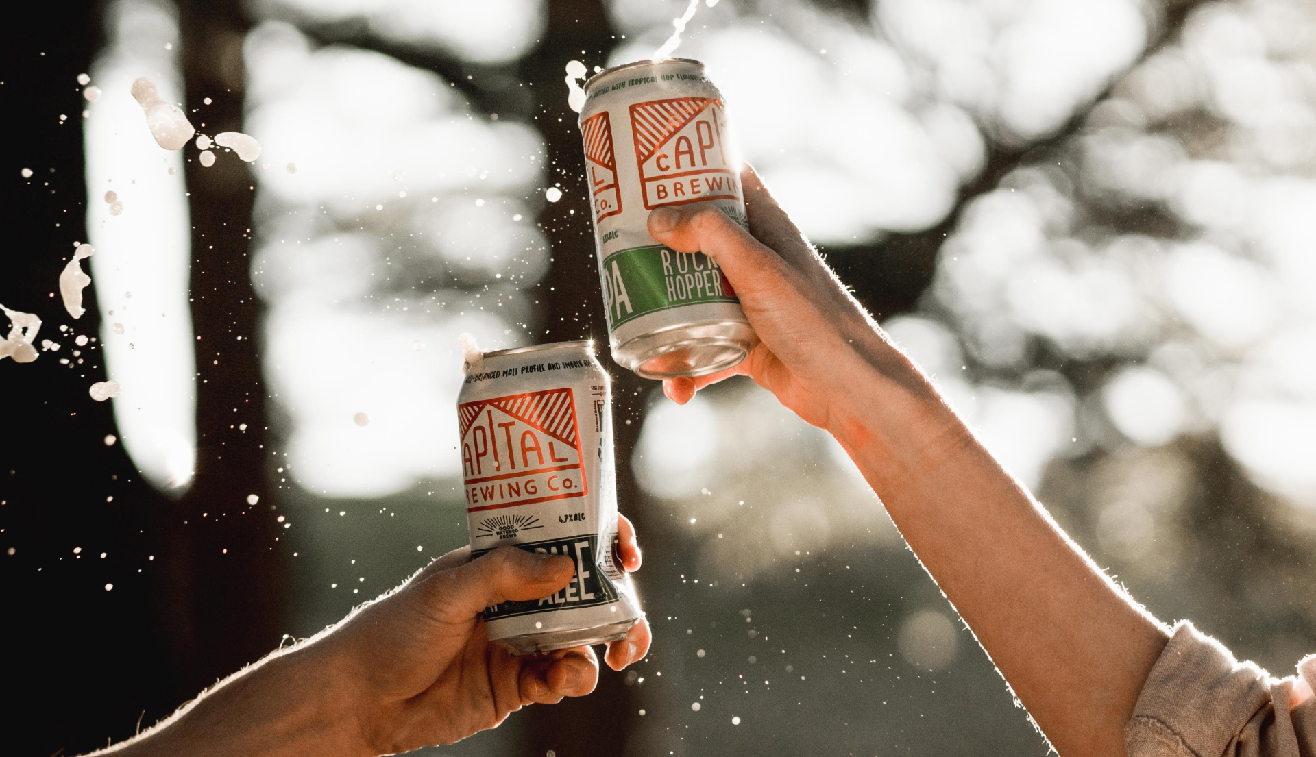 Two hands 'cheersing' beer cans in the air.