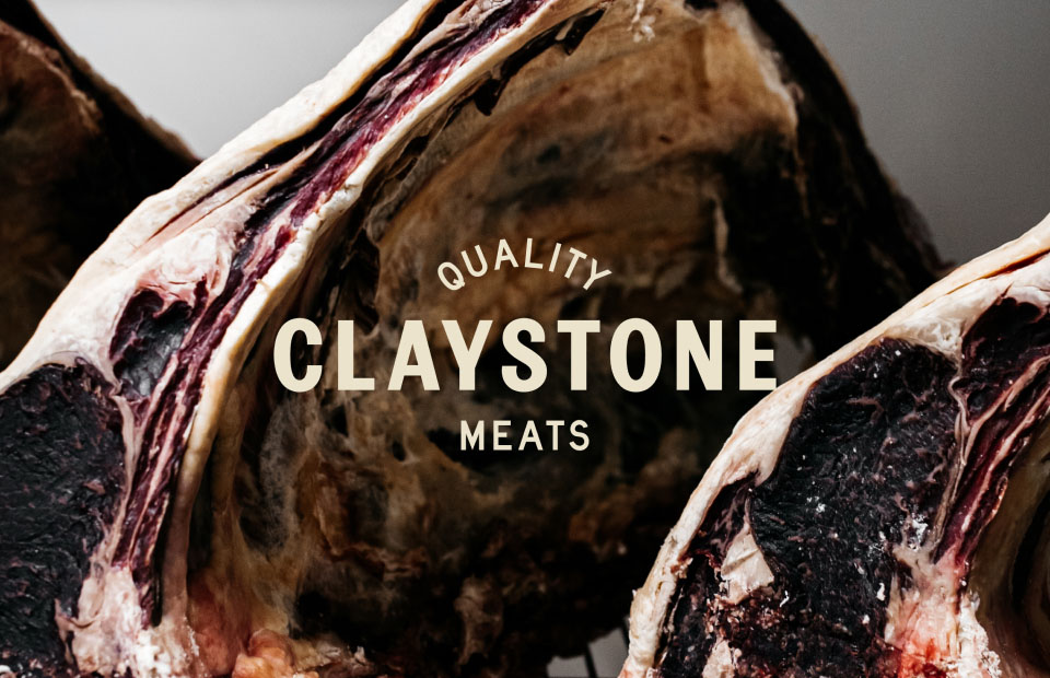 Cut of meat with Quality Claystone Meats logo on top of image.