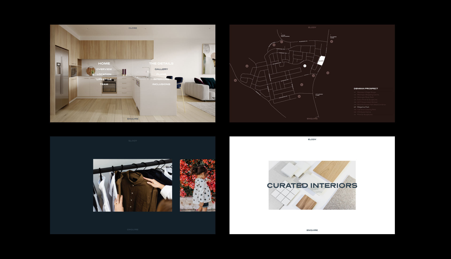 Flat designs of Elody website. Four images showing menu, interactive location map, photo gallery and Elody finishes/colour schemes.