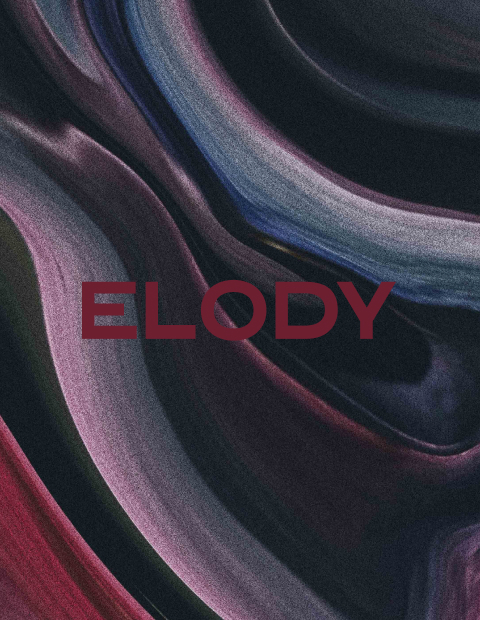 Elody logo on dark and moody abstract background