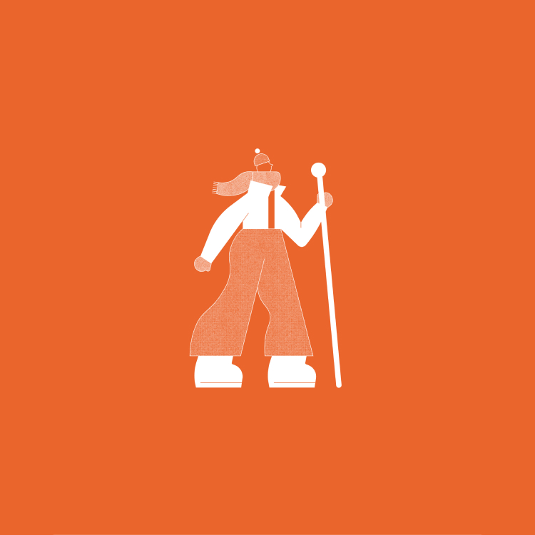 Kingsborough Village illustrated character on an orange background. Character is wearing a scarf and holding a staff.
