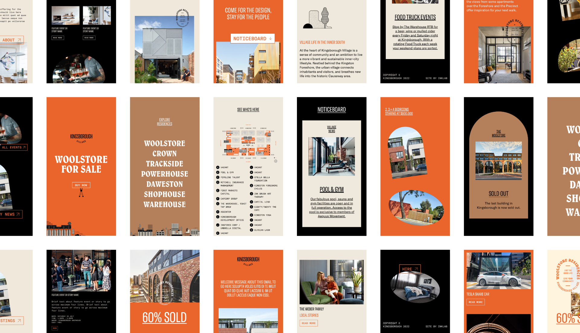 Multiple mobile screens showing various page designs of the Kingsborough website.