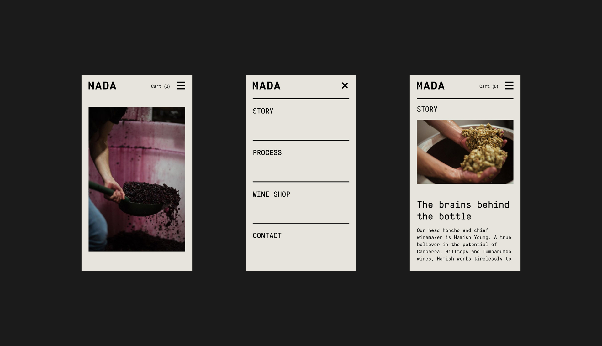 Three images of Mada Wines website screens for mobile devices.