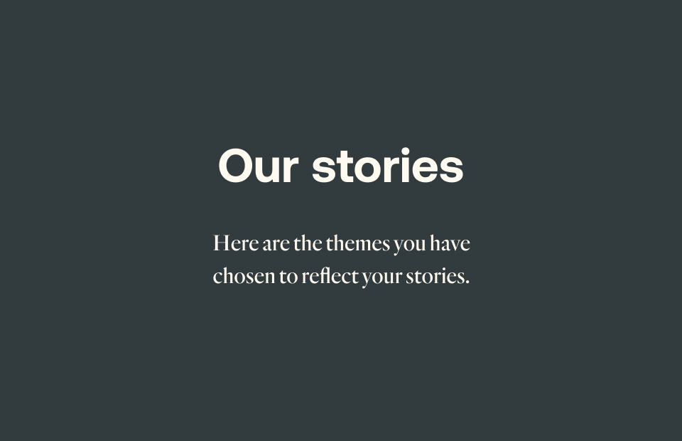 Text which reads, "Our Stories. Here are the themes. you have chosen to reflect your stories."