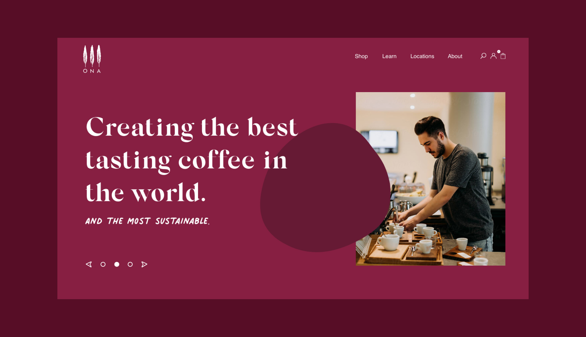 Flat design of the Ona Coffee homepage landing. Showing headline text which reads "Creating the. best tasting coffee in the world" as well as Ona logo, image and navigation menu.