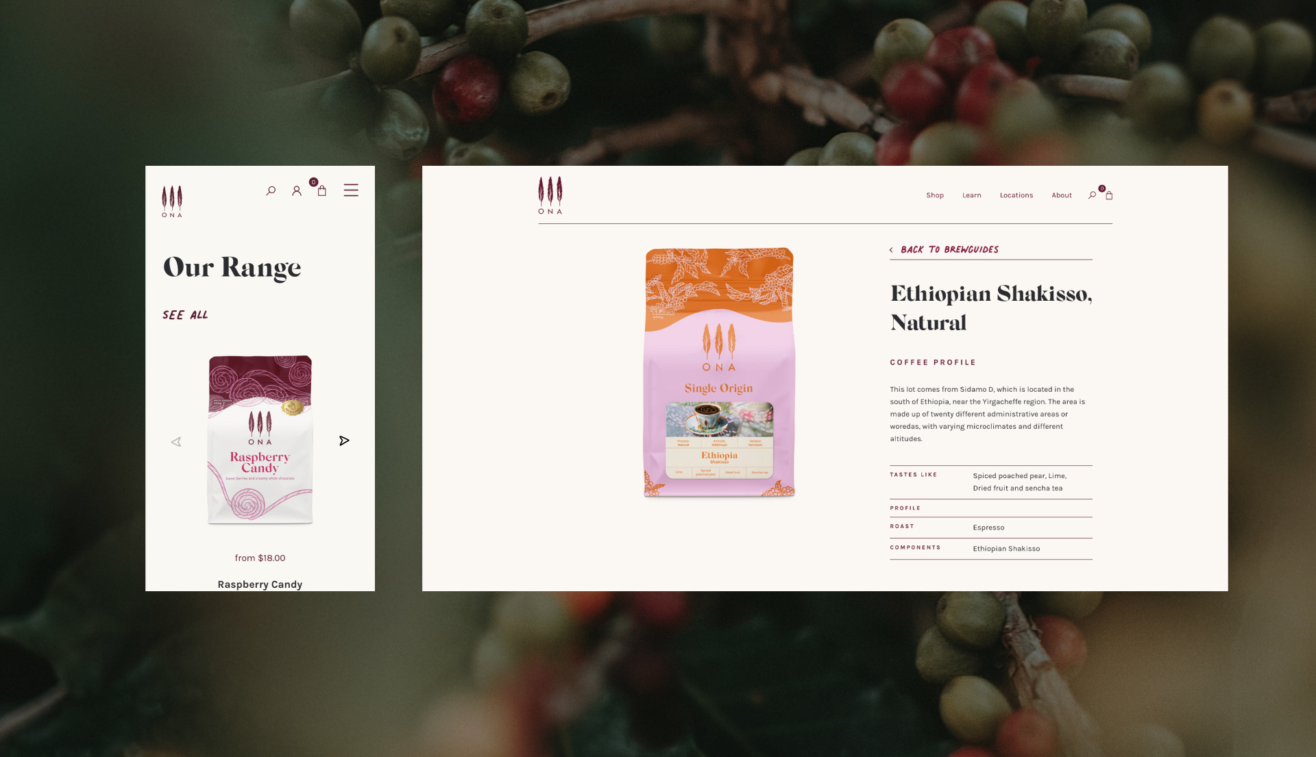 Ona website designs in mobile and desktop format on a background image of coffee beans.