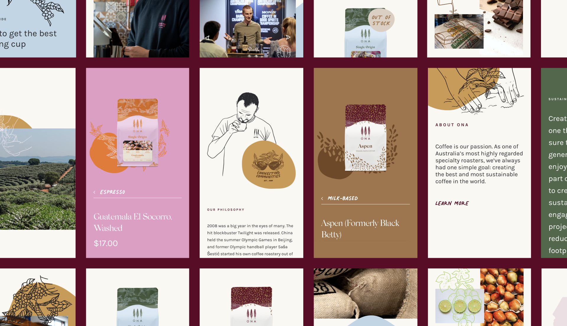 Lots of flat mobile device web designs on a maroon background. A mix of images, text and illustration.