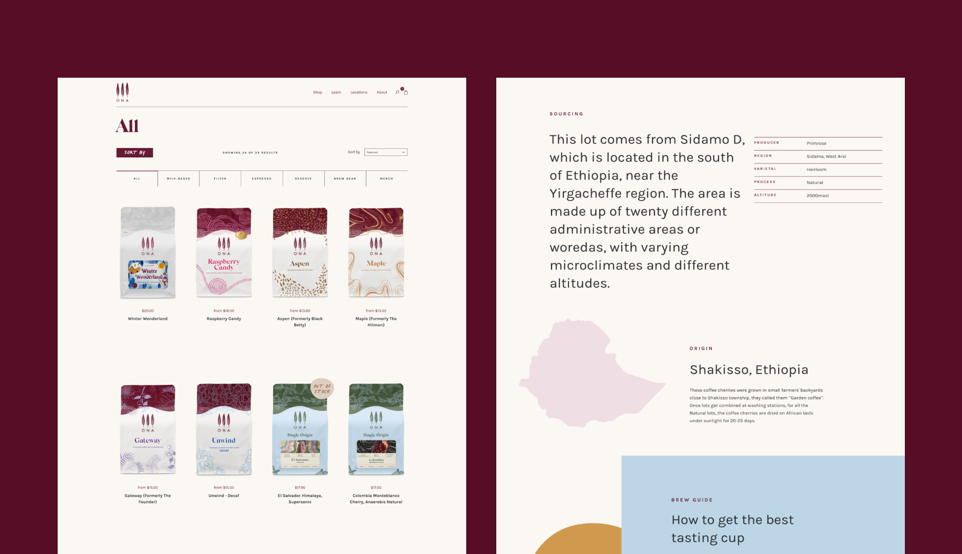 Flat website designs. Ona Coffee shop page and page telling the origin source story.