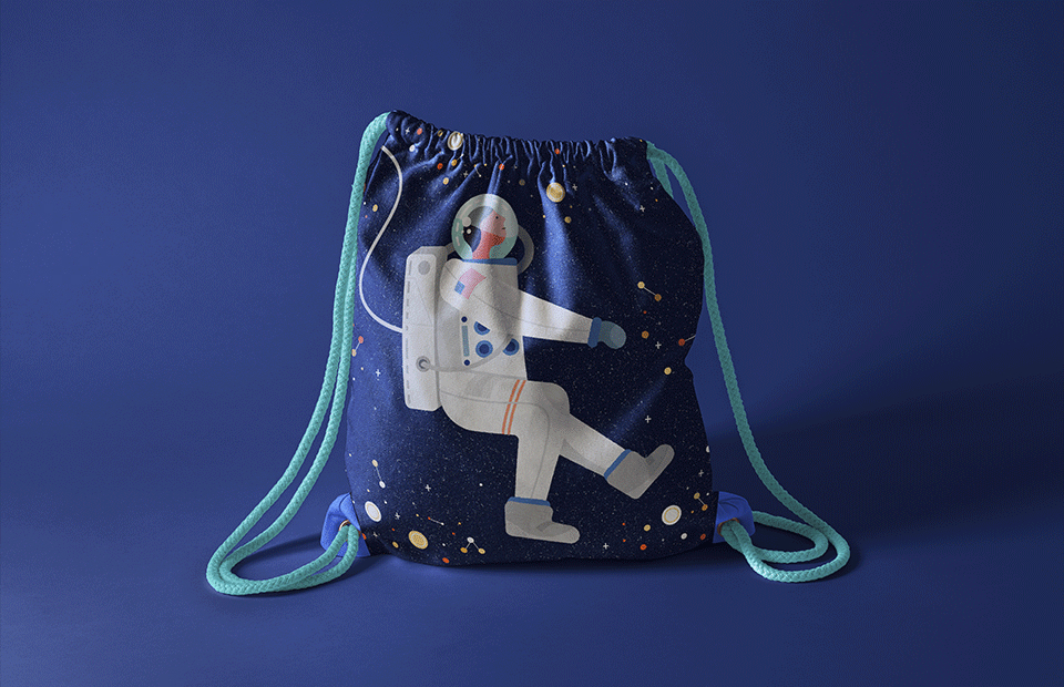 Drawstring backpack featuring a stylised illustration of an astronaut.