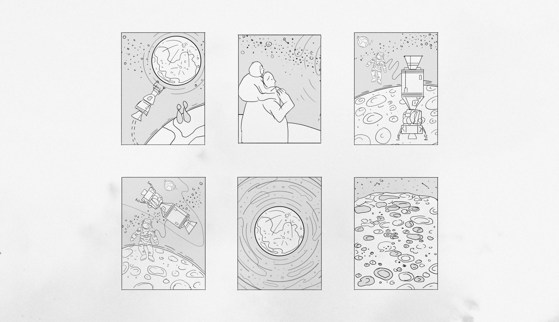 Concept sketches of illustrations. Rough pencil sketches featuring the moon, people on earth, rockets and space.