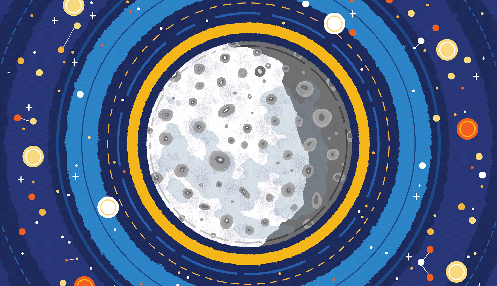 Stylised illustration of the moon with rings and stars surrounding it.