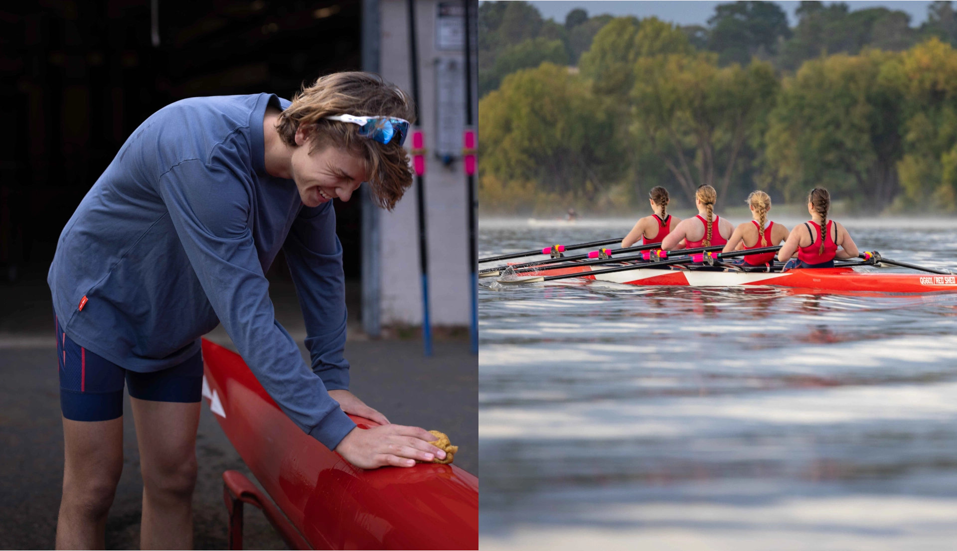 Two photographs showing the Red Shed brand applied to their team rowboats with a team of rowers rowing, and a single rower cleaning the boat.