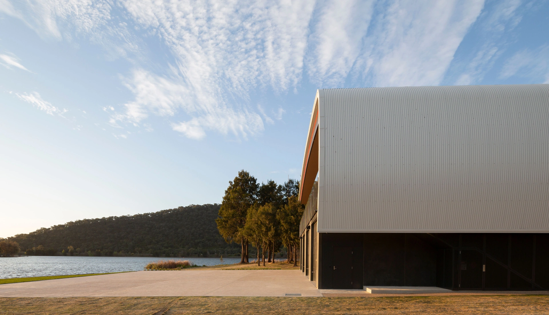 Side view of Red Shed facility showing proximity to Lake Burley Griffin