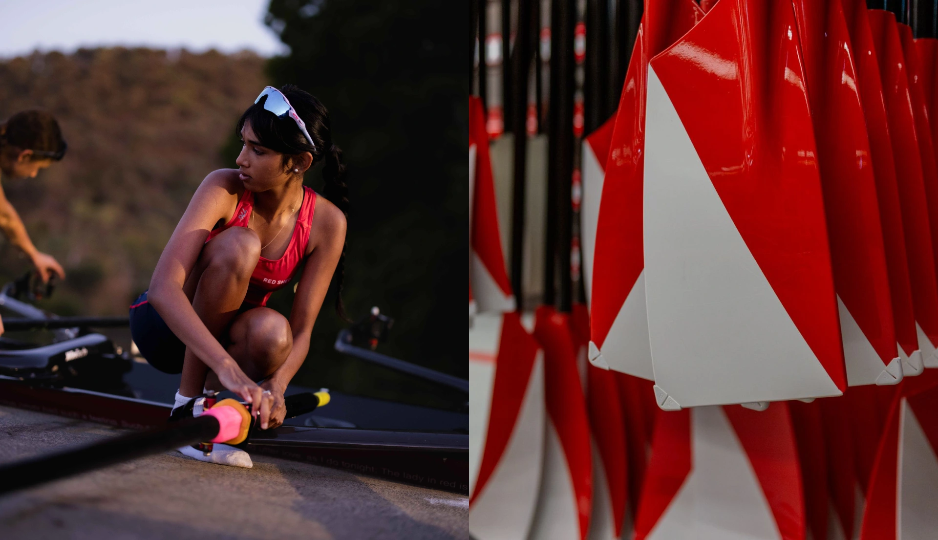 Rower in Red Shed uniform, kneeling to adjust rowing equipment. And close up image of oars in storage.