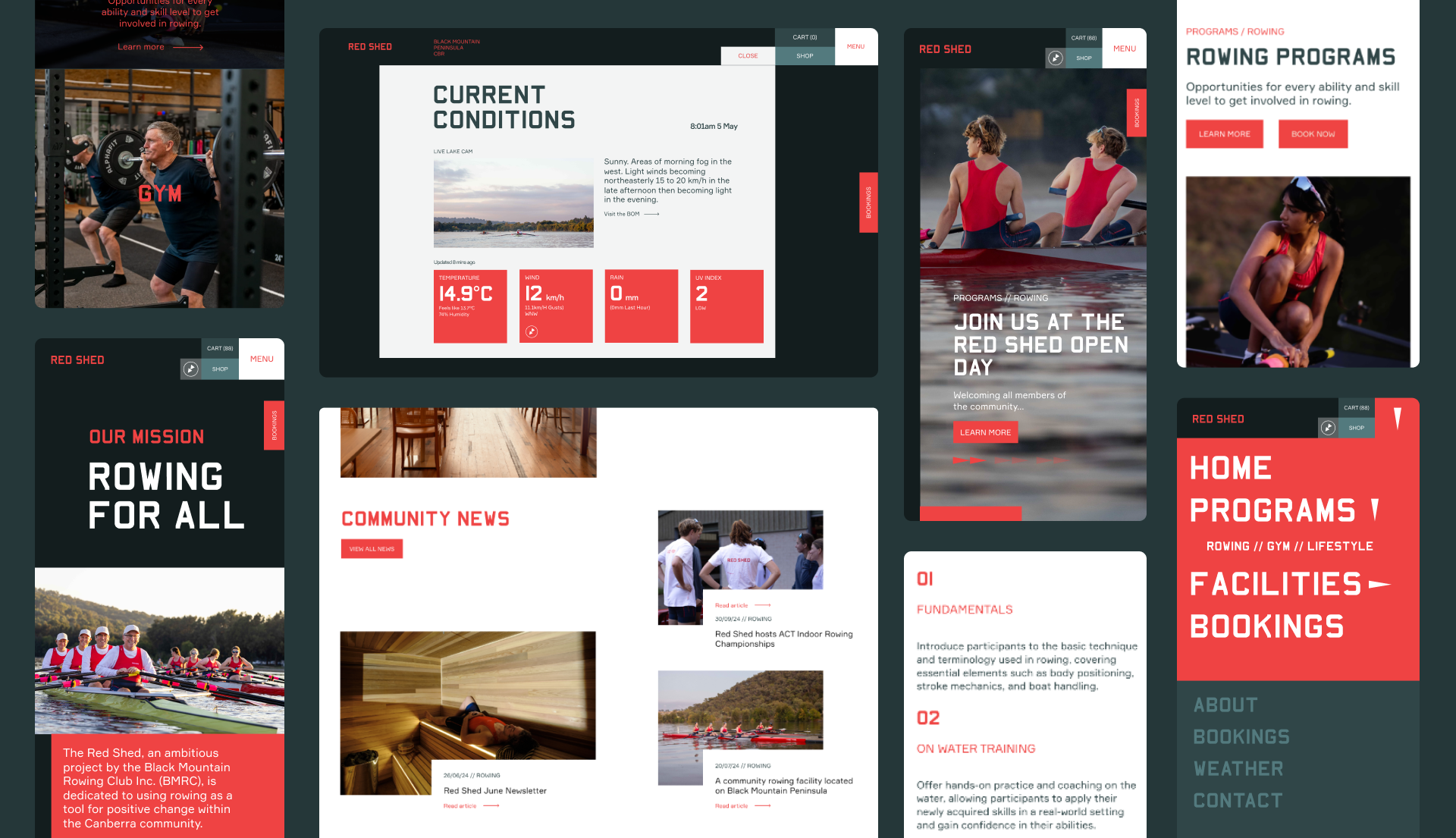 Flat lays showing various pages of the Red Shed website design